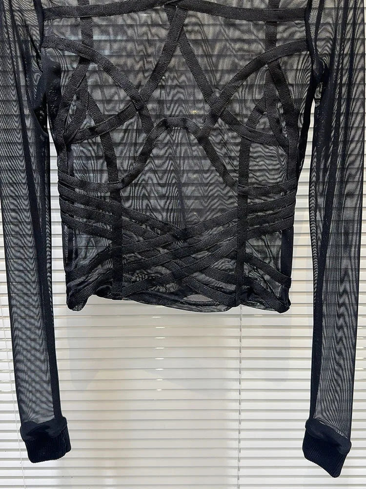 New Items Women's Spliced Mesh Perspective T-shirt Winter Fashion Trendy O-neck Long Sleeves Pullovers Female