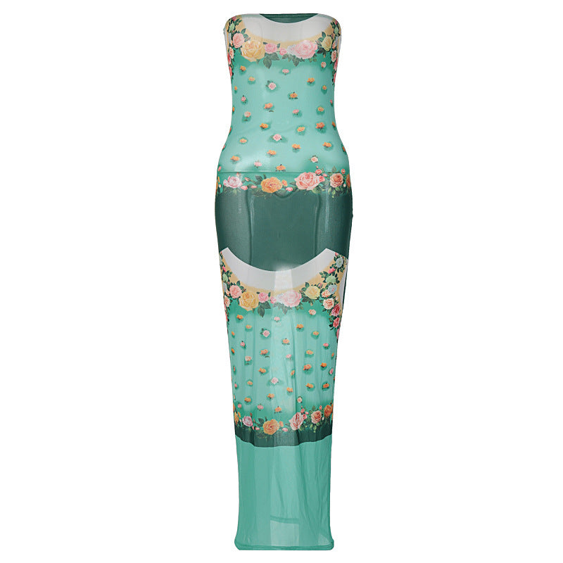 Women Floral Mesh See Through Bodycon Party Streetwear Long Dress Summer Autumn Wholesale Items For Business