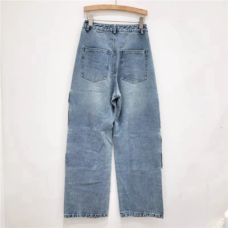 Fashion Women's Multiple Pockets Design Jeans High Waist Straight Wide Leg Denim Pants  Autumn New Items
