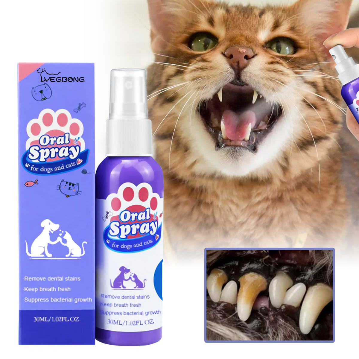 Yegbong Tooth Cleaning Spray For Cats And Dogs, Remove Tooth Stains Fresh Breath Pets Oral Care Spray