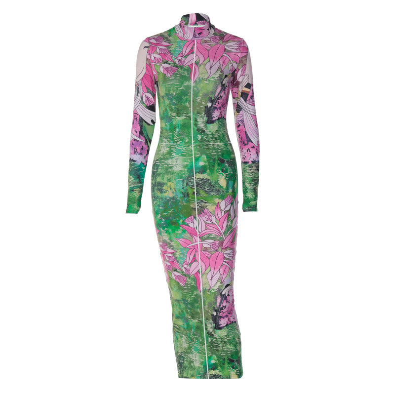 Women  Summer Autumn Fashion Long Sleeve Bodycon Streetwear Floral Printed Midi Dress Wholesale Items For Business