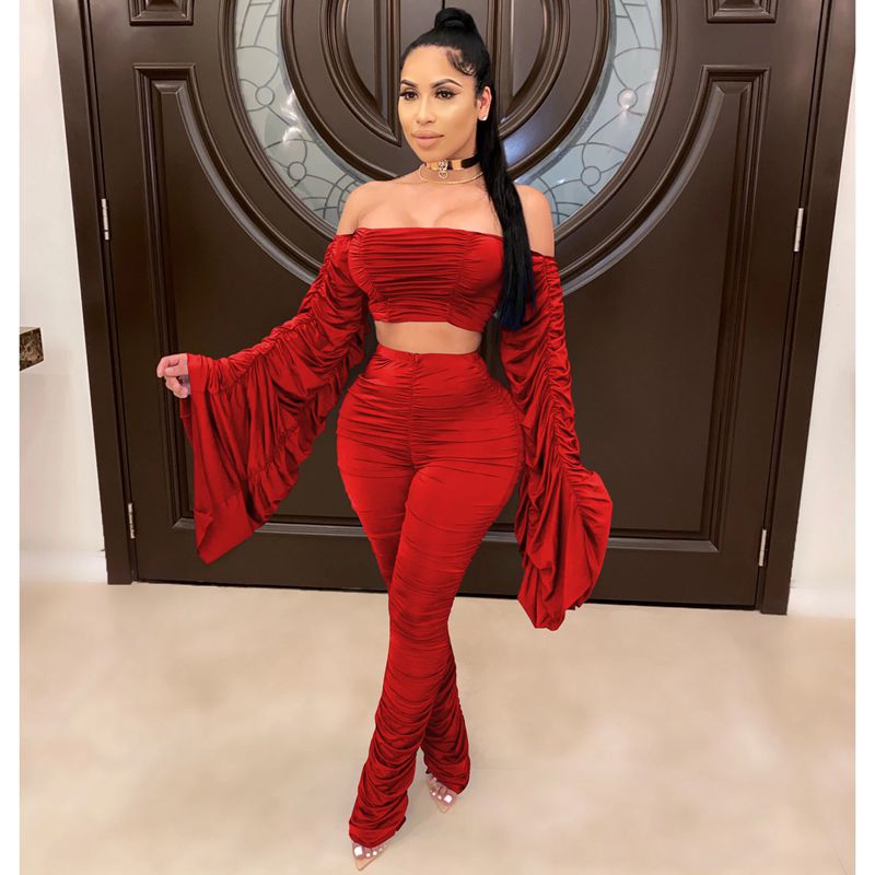 Spring Summer Two Piece Set Women Solid One Shoulder Shirring 2 Piece Sets Pant Suits Club Outfits Streetwear Wholesale Items